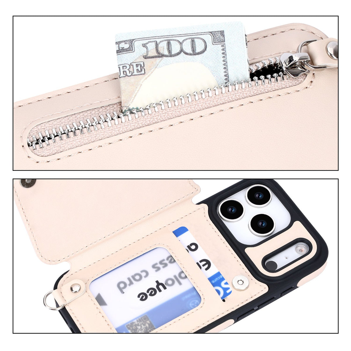 Apple iPhone 18 Pro Case - Beige - Luxury Back Cover with Phone Strap and Zipper