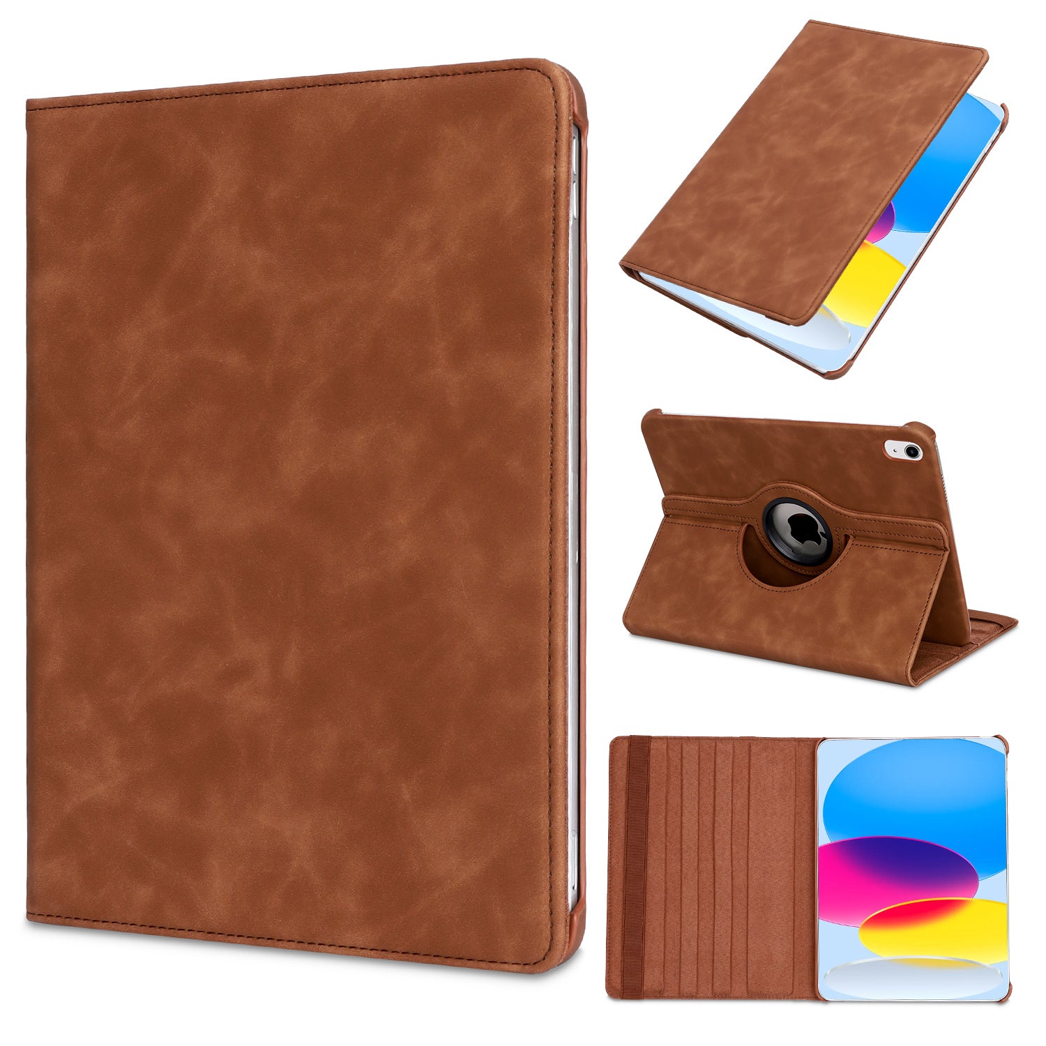 Brown 360-degree rotating case for Apple iPad 2022, showcasing multiple views and card slots.