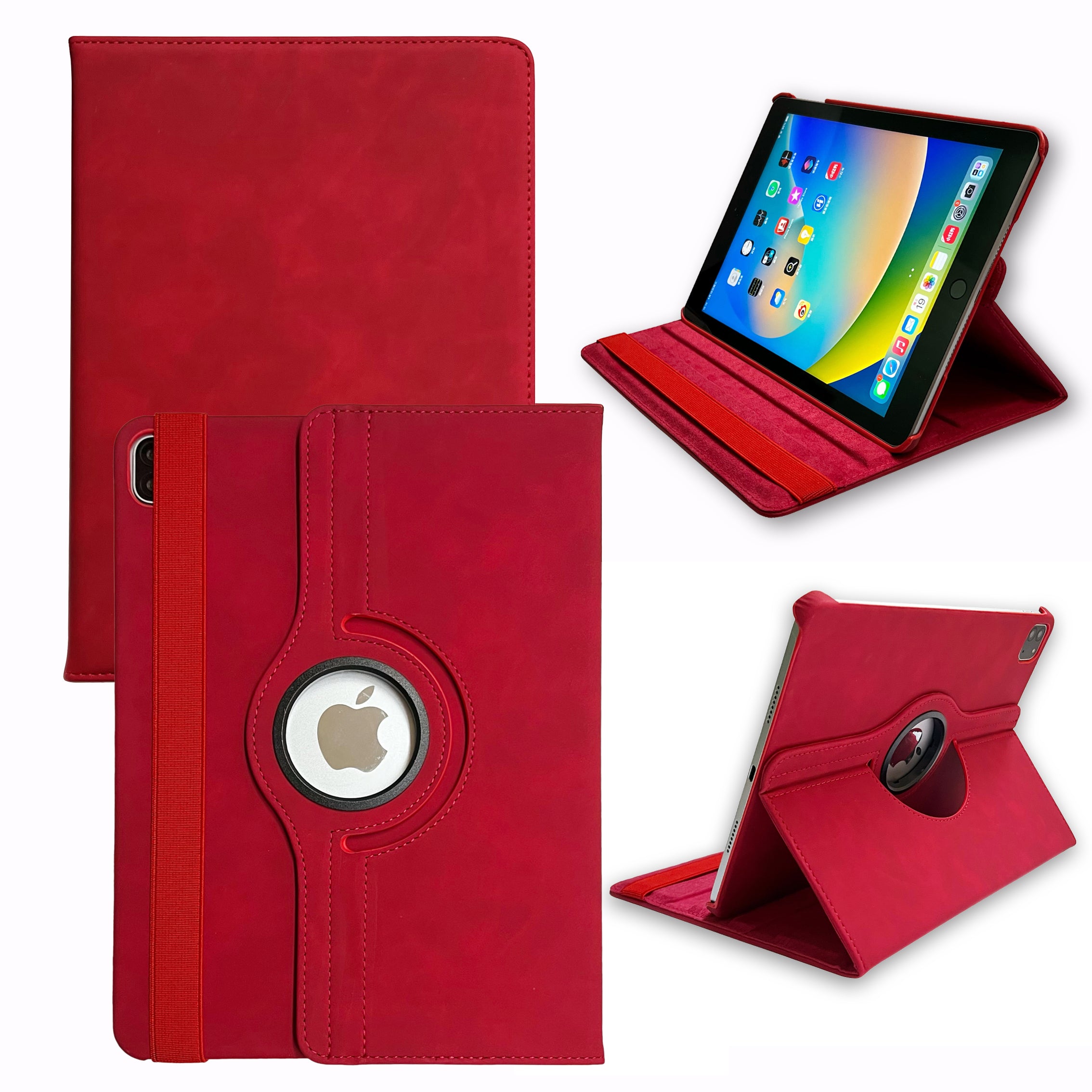 360 degree rotating red iPad case for Apple iPad 2022, showcasing front, back, and standing positions.