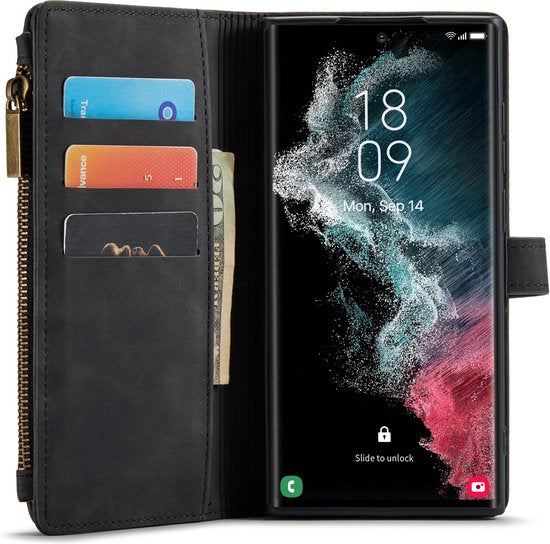 Samsung Galaxy S23 Ultra Case - Charcoal Gray - Extra Sturdy Luxury Wallet Case with Zip and Compartments