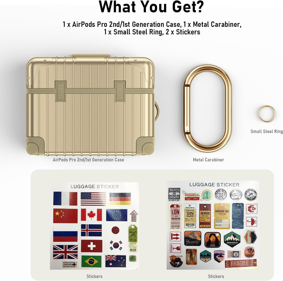 Apple AirPods Pro 2 / Pro Hoesje - Koffer Suit Case met Stickers - Goud
