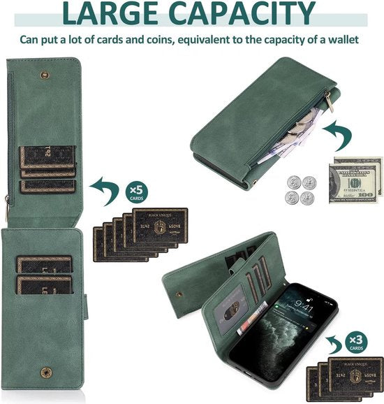 Apple iPhone 13 Pro Max Case - Green - Extra Sturdy Luxury Wallet Case with Zip and Compartments