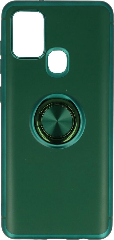 Samsung Galaxy A21s Hoesje - Groen - Siliconen Ring Kickstand Back Cover