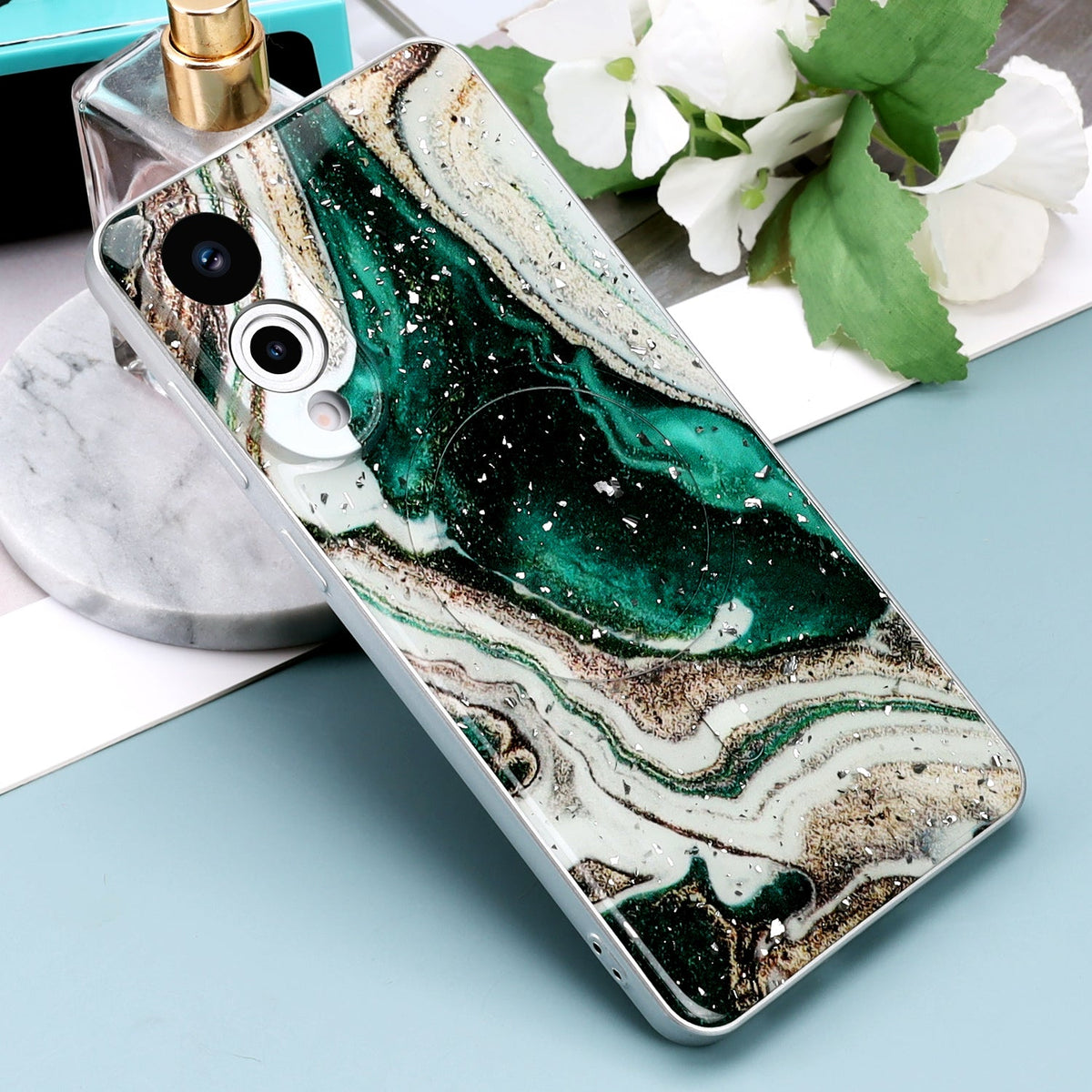 Samsung Galaxy S25 Edge Hülle - Grün - Marmor-Glitzer-MagSafe-Backcover
