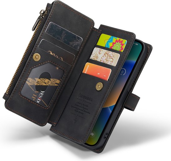 Apple iPhone 14 Plus Case - Charcoal Gray - Luxury Wallet Case with Zip and Wrist Strap
