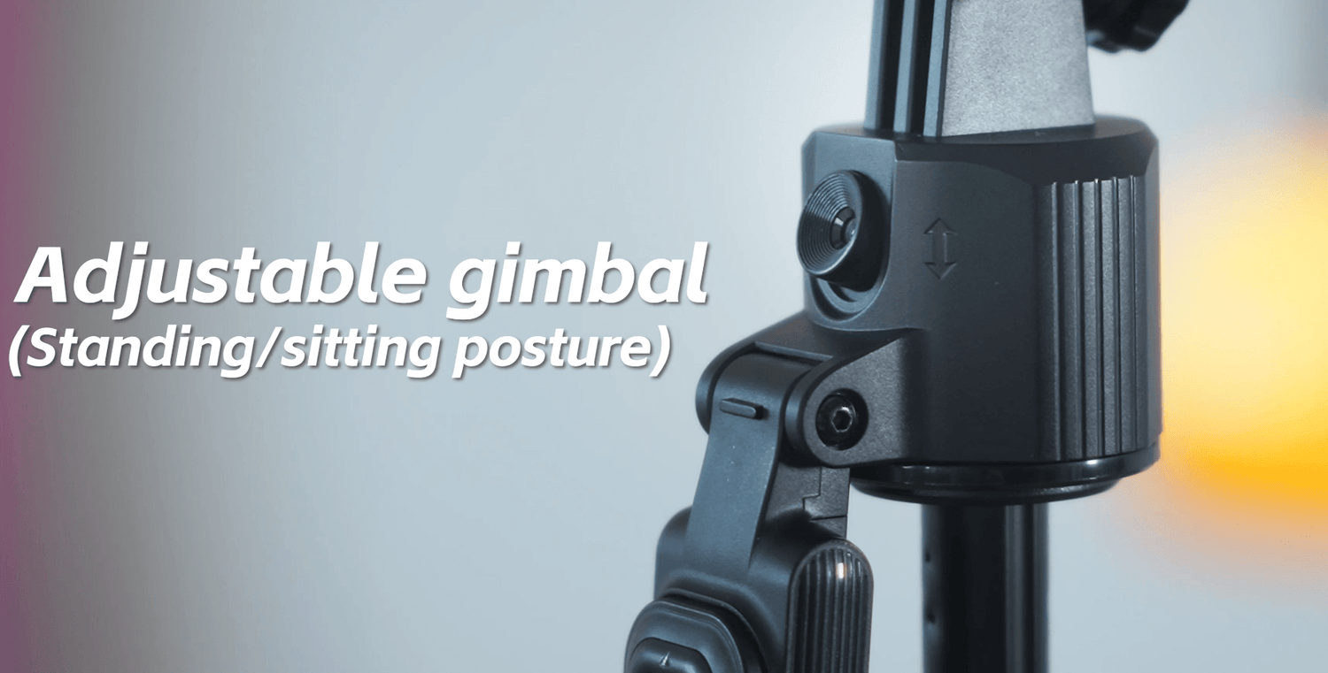 Close-up of adjustable gimbal for standing/sitting posture in smartphone tripod.
