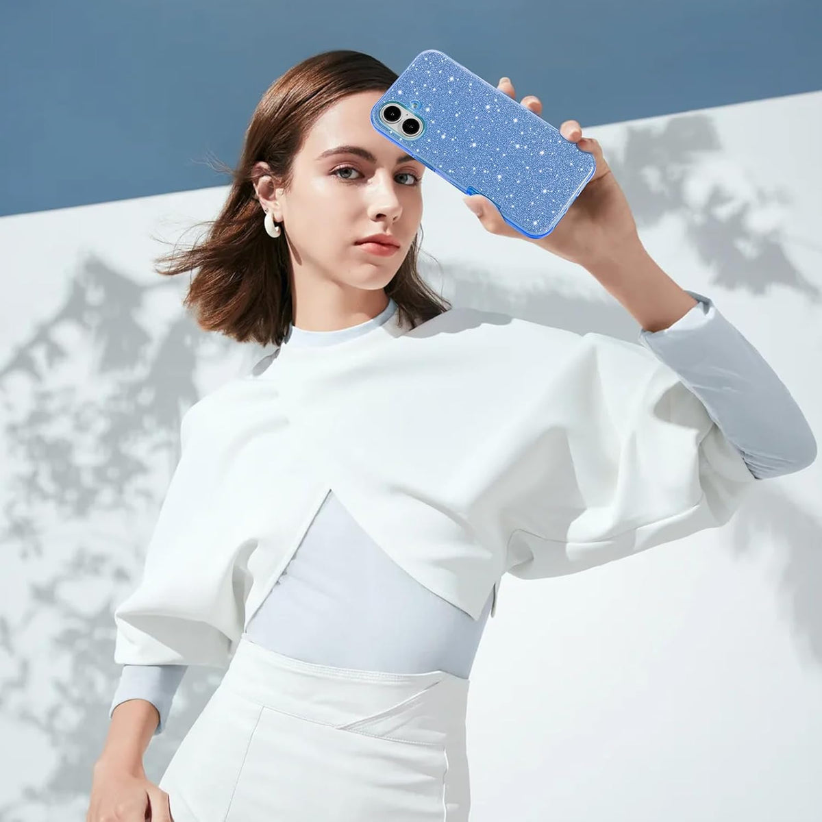iPhone 16 Plus Hoesje - Blauw - Glitter Back Cover