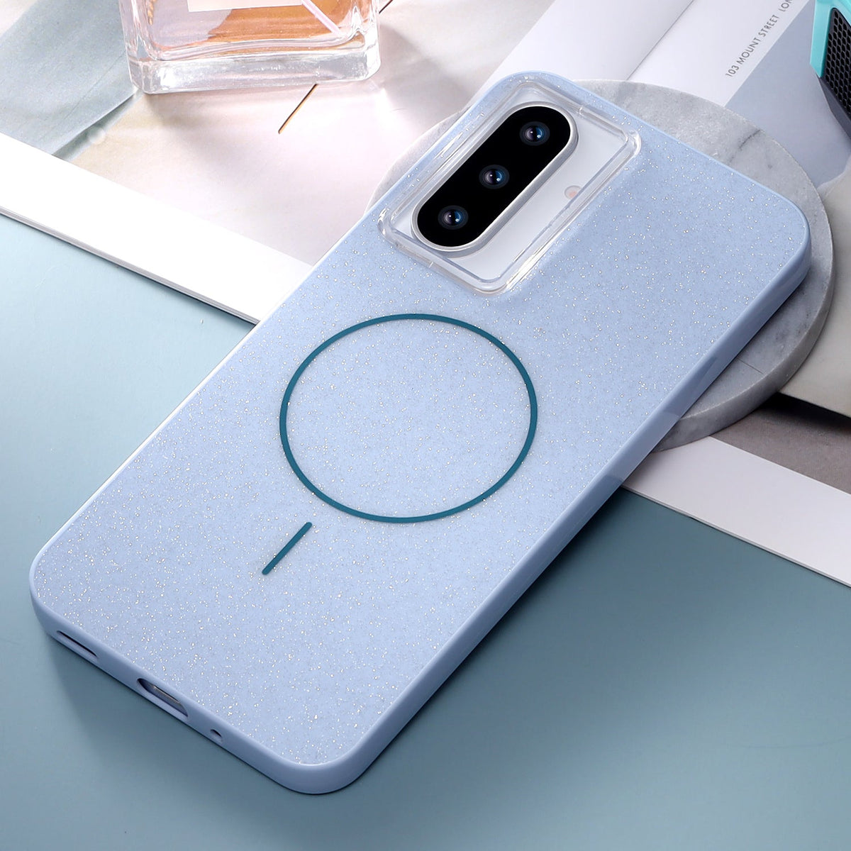 Samsung Galaxy A17 Hoesje - Licht Blauw - Glitter MagSafe Back Cover