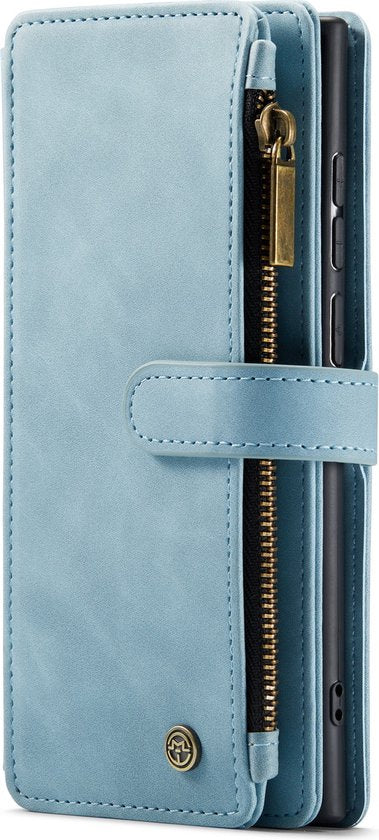 Samsung Galaxy S23 Ultra Hülle - Aqua Blue - Extra Robuste Luxus Klapphülle mit Kartenfach, Reißverschluss und Fächern