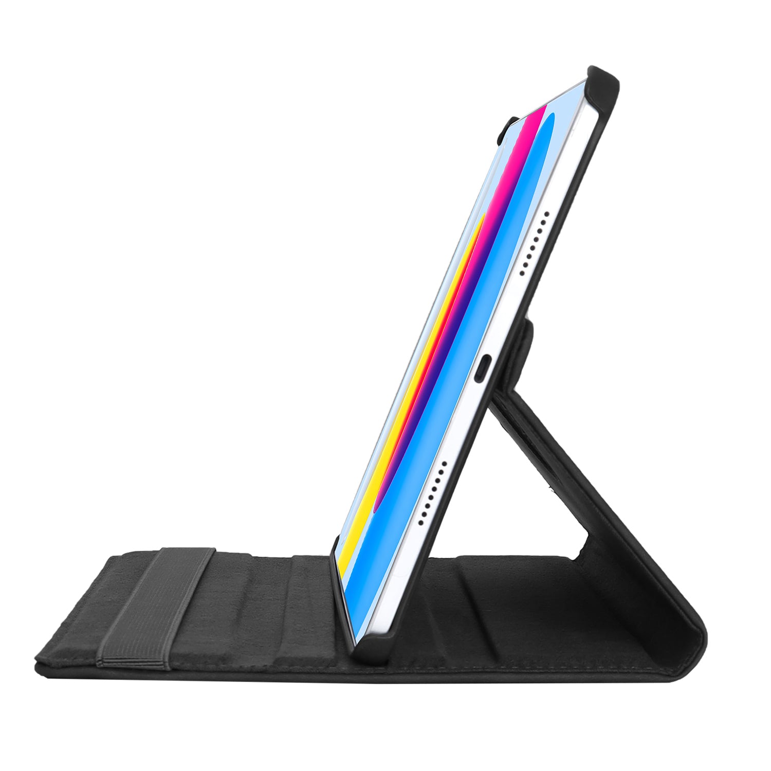 Zijaanzicht van 360 graden draaibare hoes voor iPad 2022, in staande positie met touchscreen zichtbaar.