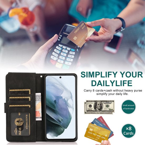 Samsung Galaxy S22 Plus Case - Black - Extra Sturdy Luxury Wallet Case with Zip and Compartments