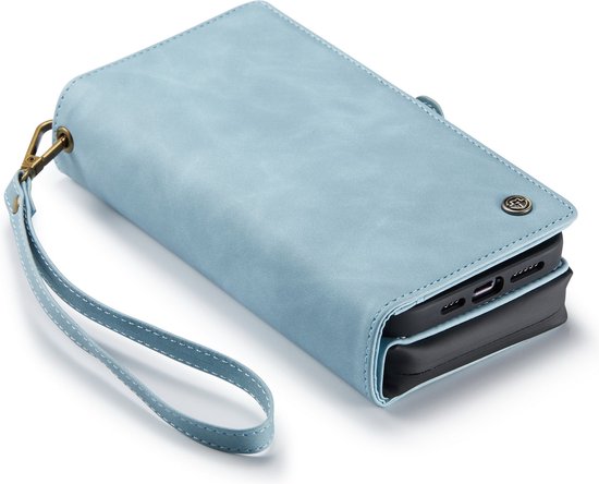 Apple iPhone 13 Pro Case - Aqua Blue - Luxury 2-in-1 Wallet Case with 10 Card Slots and Wrist Strap