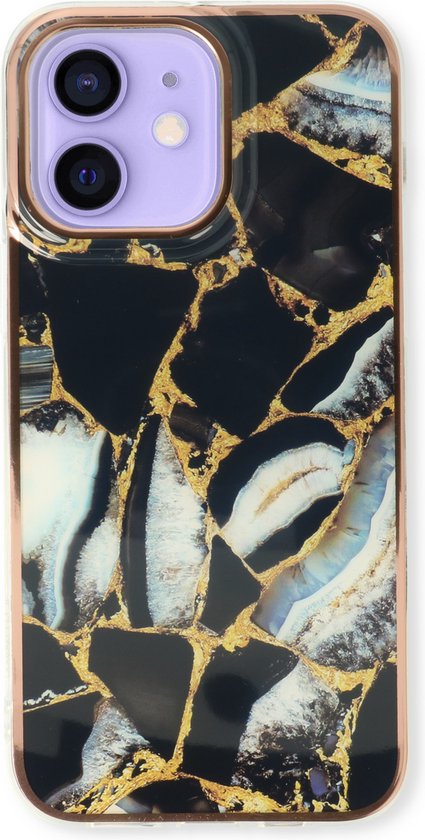 Apple iPhone 12 Hoesje - Zwart - Siliconen Marmer Back Cover