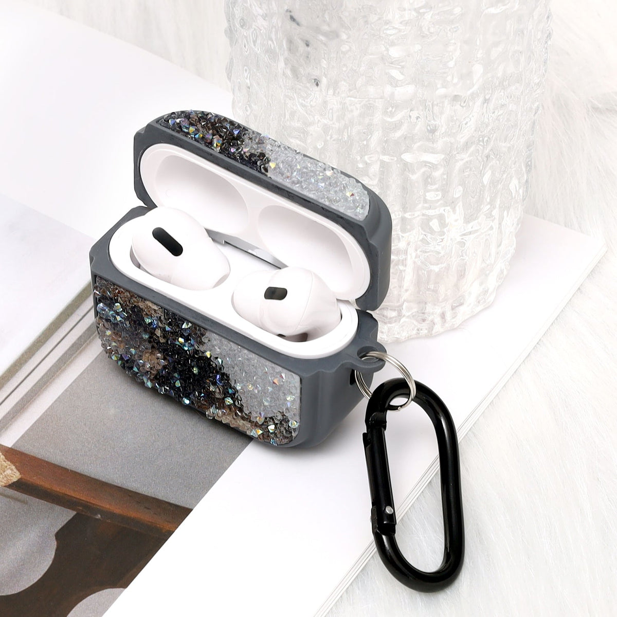 Apple AirPods Pro 2 / Pro Hoesje - Diamant Marmer Glitter met Ring - Grijs