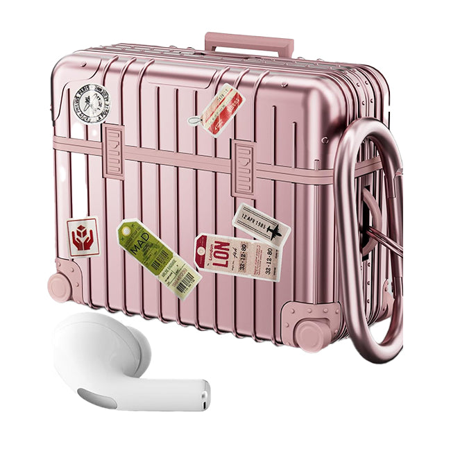 Roségouden AirPods hoesje in de vorm van een reiskoffer, met een witte AirPod ernaast.