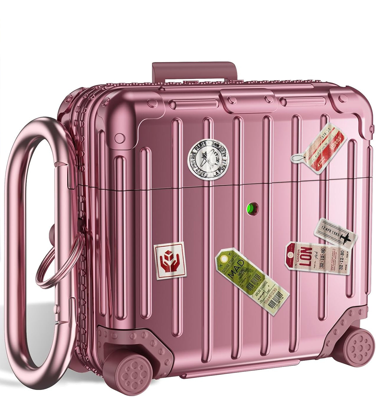 Roségouden Airpods hoesje met reizen labels, biedt luxe bescherming voor AirPods.