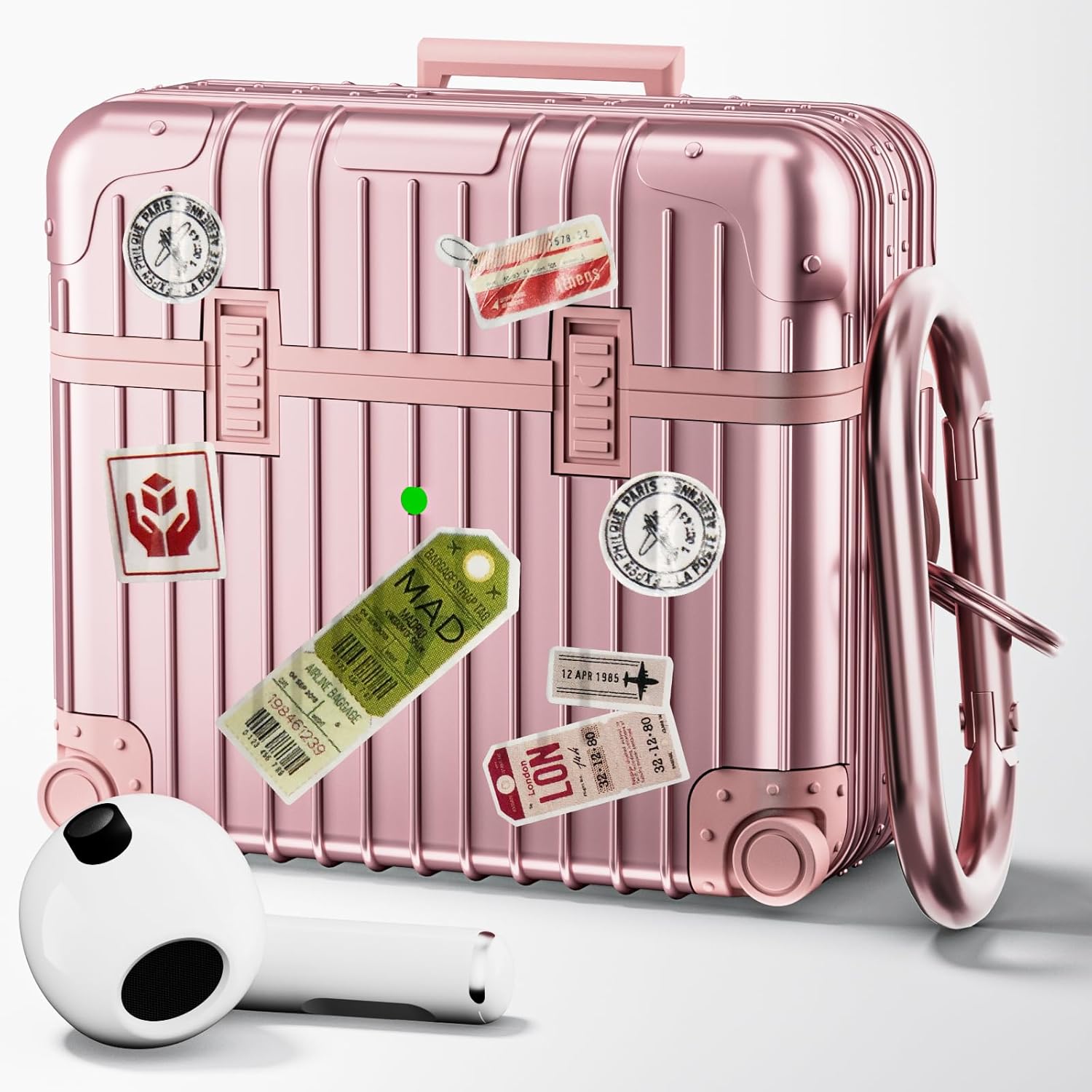 Roségouden AirPods hoesje in de vorm van een koffer met stickers en een AirPod, luxe en stijlvol ontworpen.