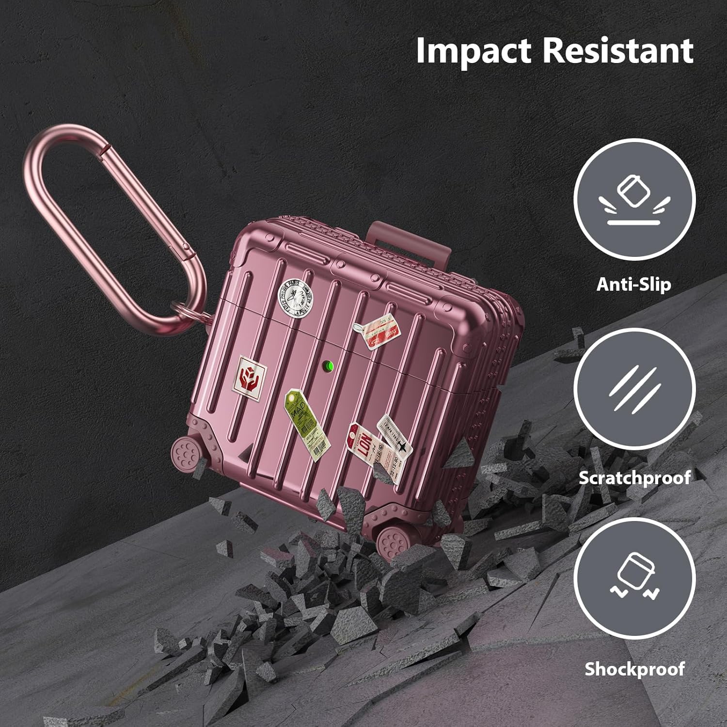 Roségouden AirPods hoesje met stickers, impactbestendig en schokproof ontwerp.