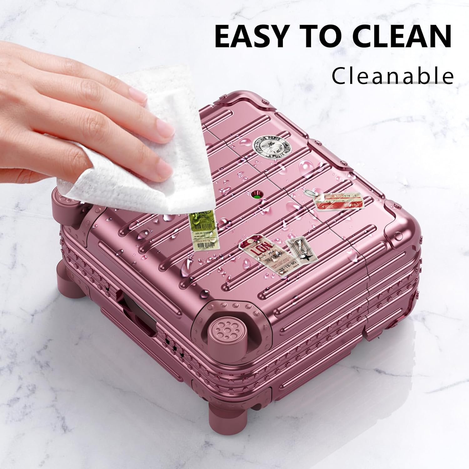 Rose gold AirPods case with cleanable surface, showcasing unique travel-inspired design and easy maintenance.