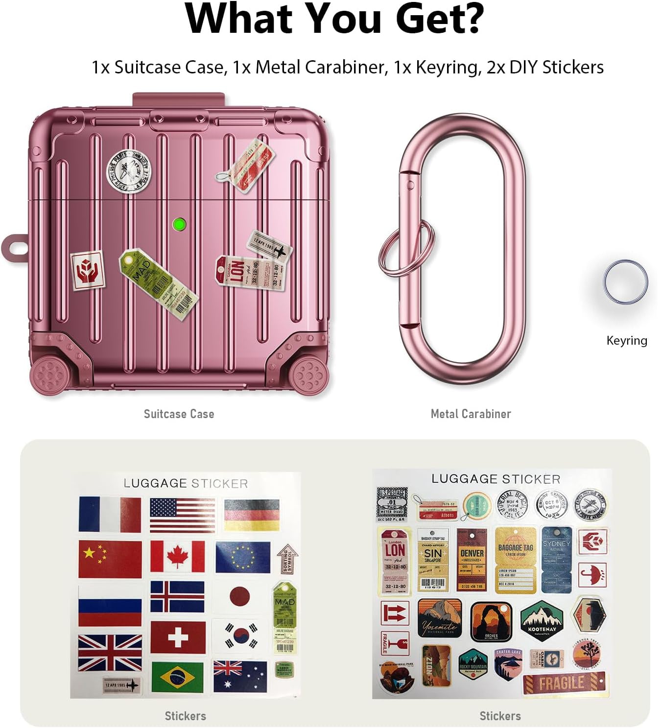 Product contents of a rose gold AirPods case: suitcase case, metal carabiner, keyring, and DIY stickers.