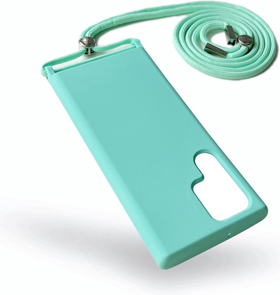 Samsung Galaxy S22 Ultra Hoesje - Turquoise - Siliconen Back Cover met Telefoonkoord