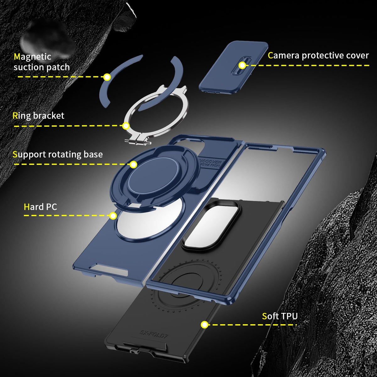 Samsung Galaxy Z Fold 7 Case - Dark Blue - Kickstand Ring Back Cover
