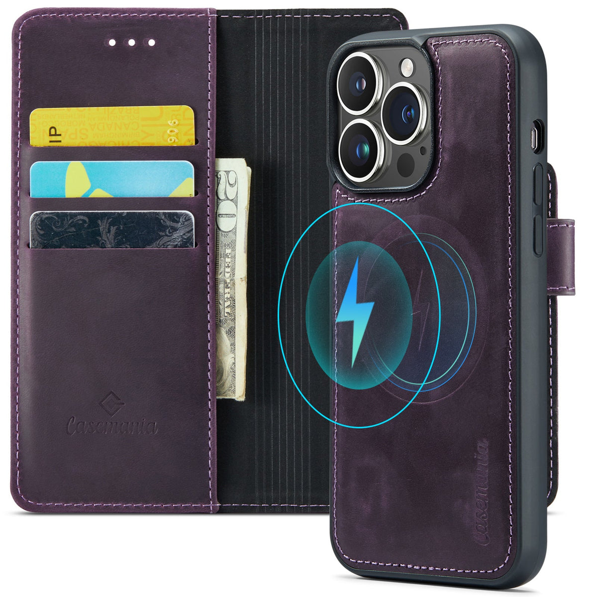 Apple iPhone 15 Pro Hülle - Dark Purple - Echtleder-2-in-1-MagSafe-Klapphülle mit Kartenfach