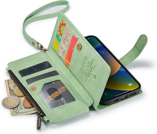 Apple iPhone 14 Plus Case - Pistache Green - Luxury Wallet Case with Zipper and Phone Strap
