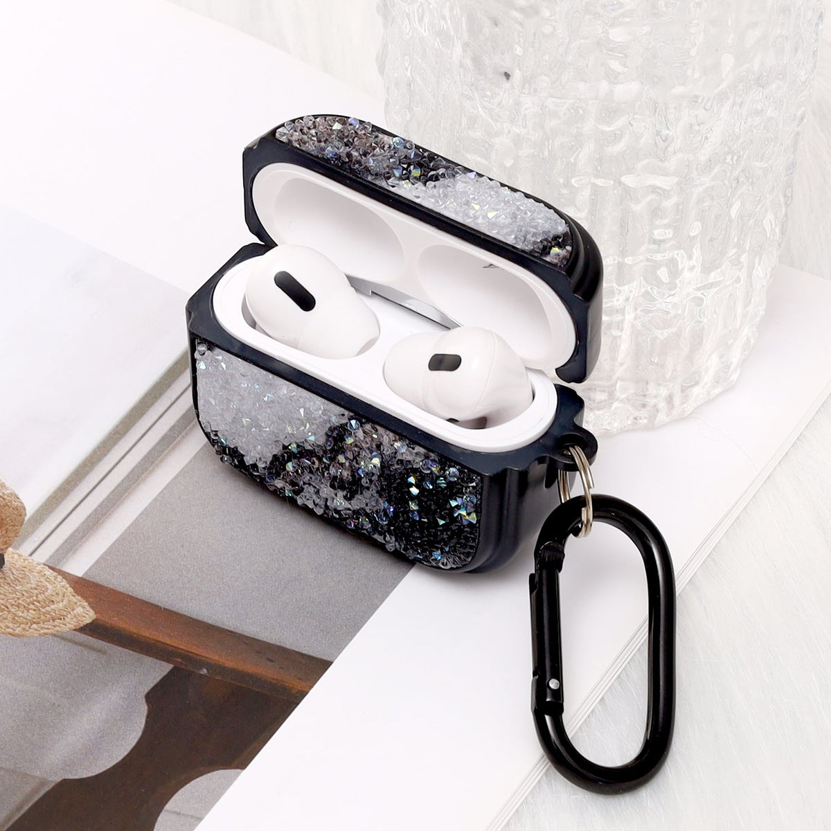 Apple AirPods Pro 2 / Pro Hoesje - Diamant Marmer Glitter met Ring - Zwart