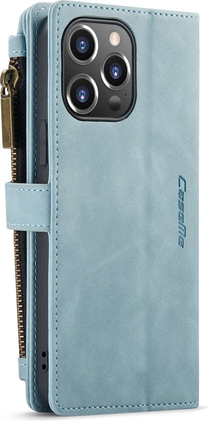 Apple iPhone 13 Pro Hülle - Aqua Blue - Luxus-Klapphülle mit Kartenfach und Reißverschluss