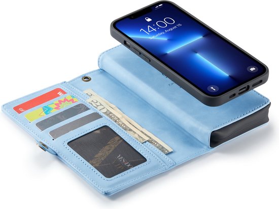 Apple iPhone 13 Mini Case - Sky Blue - Luxury 2-in-1 Wallet Case with 10 Card Slots and Wrist Strap
