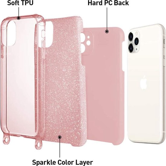 Apple iPhone 12 Pro Max Hoesje - Roze - Glitter Back Cover met Telefoonkoord