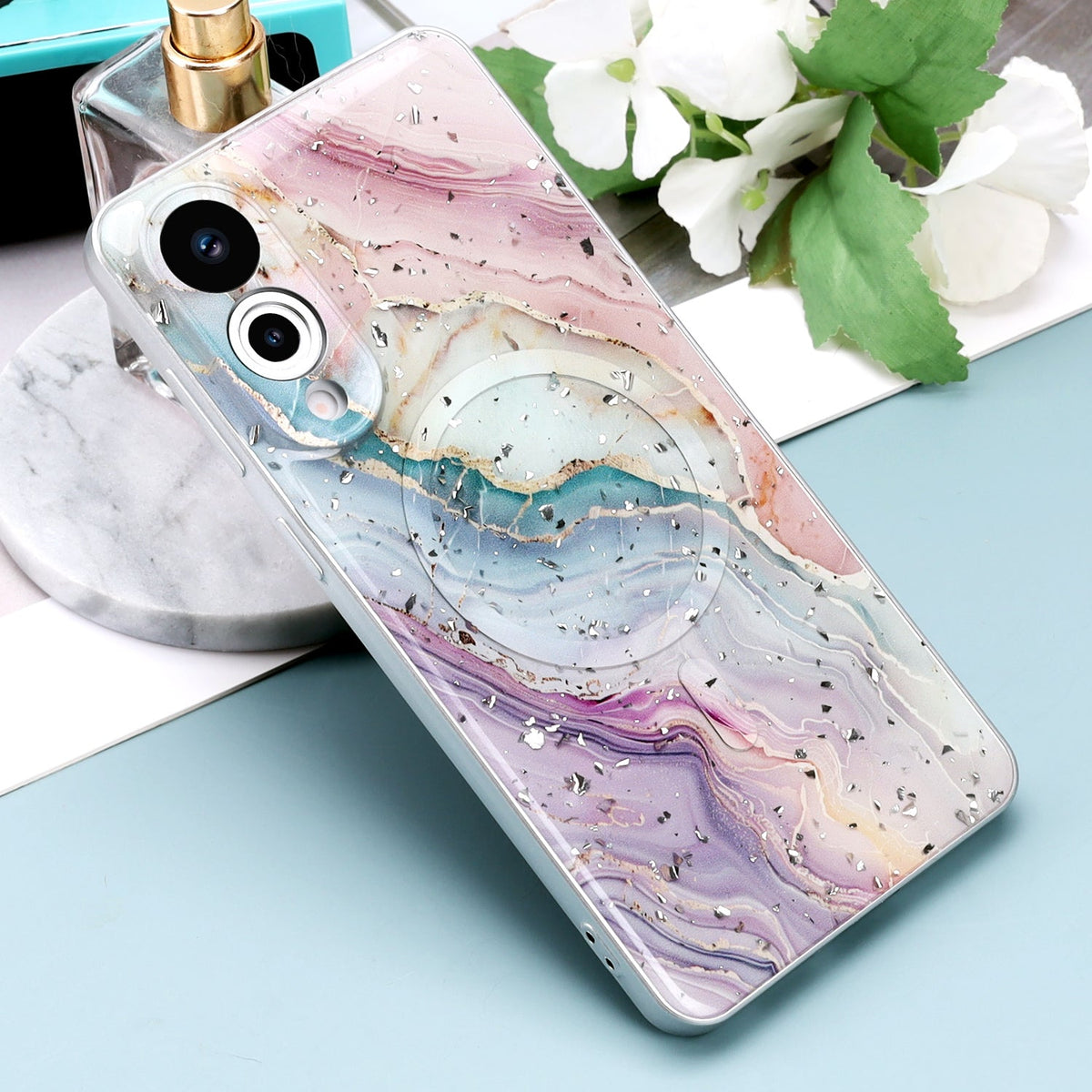 Samsung Galaxy S25 Edge Hülle - Rosa - Marmor-Glitzer-MagSafe-Backcover