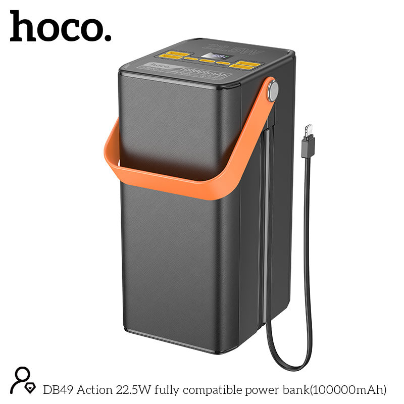 Hoco Powerbank 100.000mAh 22.5W met Ingebouwde Kabels - Zwart