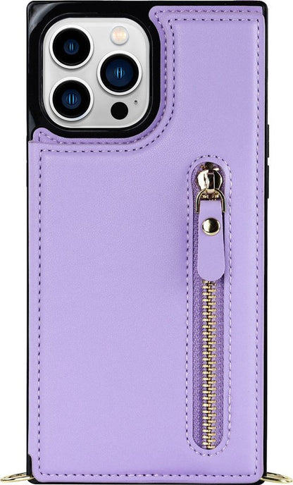 Apple iPhone 15 Pro Hülle - Lila - Luxuriöses Back Cover mit Umhängeband und Reißverschluss