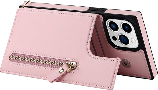 Apple iPhone 15 Pro Hoesje - Roze - Luxe Back Cover met Telefoonkoord en Rits