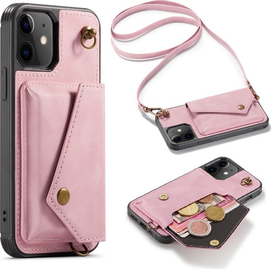 Apple iPhone 12 Case - Pink - Luxury Back Cover with Phone Strap
