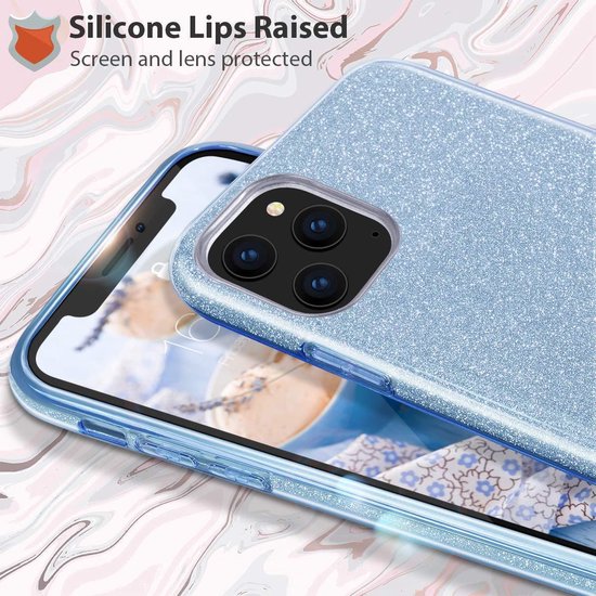 Apple iPhone 12 Hoesje - Blauw - Glitter Back Cover