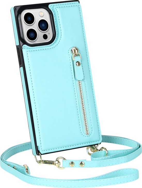 Apple iPhone 14 Pro Max Hoesje - Turquoise - Luxe Back Cover met Telefoonkoord en Rits
