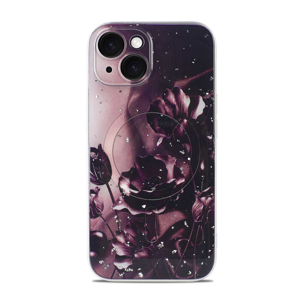 Apple iPhone 13 Hülle - Dunkellila - Blumen-Glitzer-MagSafe-Backcover