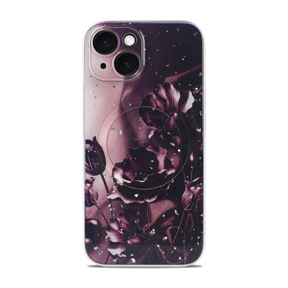Apple iPhone 13 Hülle - Dunkellila - Blumen-Glitzer-MagSafe-Backcover