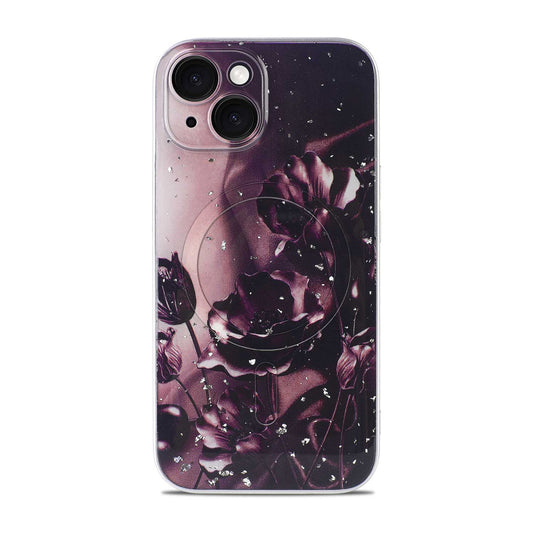 Apple iPhone 15 Case - Dark Purple - Floral Glitter MagSafe Back Cover