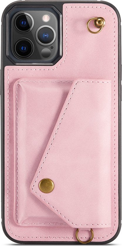 Apple iPhone 12 Pro Max Hoesje - Roze - Luxe Back Cover met Telefoonkoord