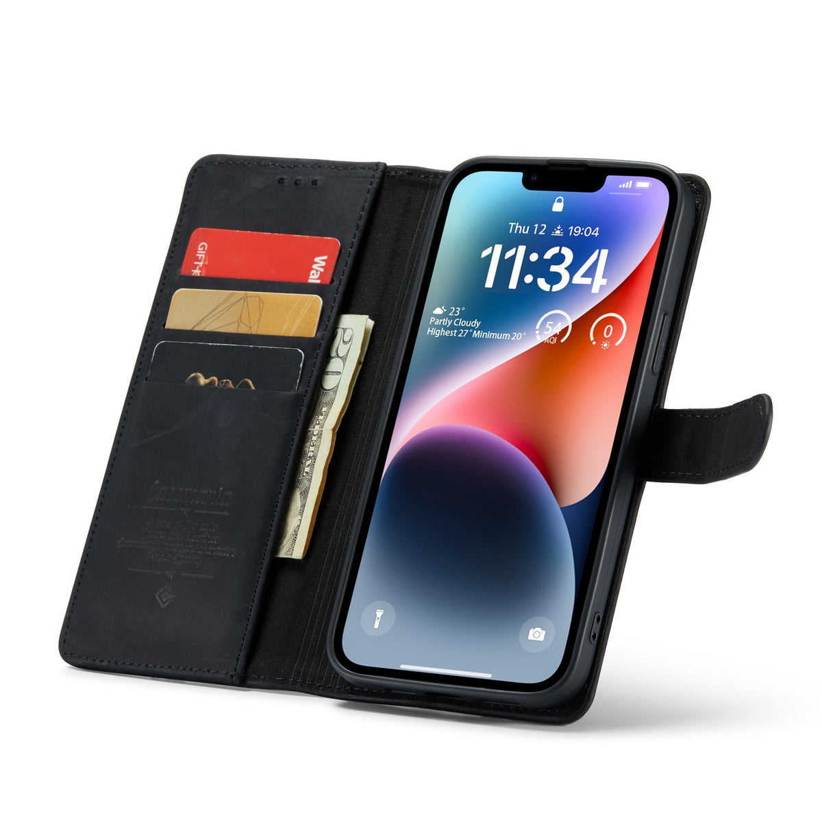 iPhone 14 Case - Black - Genuine Leather Wallet Case
