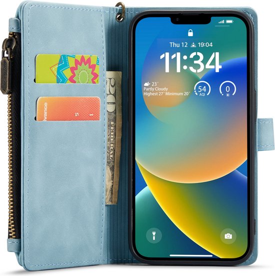 Apple iPhone 14 Hoesje - Aqua Blue - Luxe Bookcase met Rits en Telefoonkoord