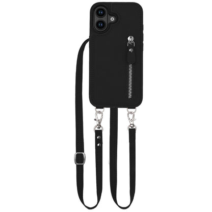 Apple iPhone 16 Plus Hoesje - Zwart - Luxe Back Cover met Telefoonkoord en Rits