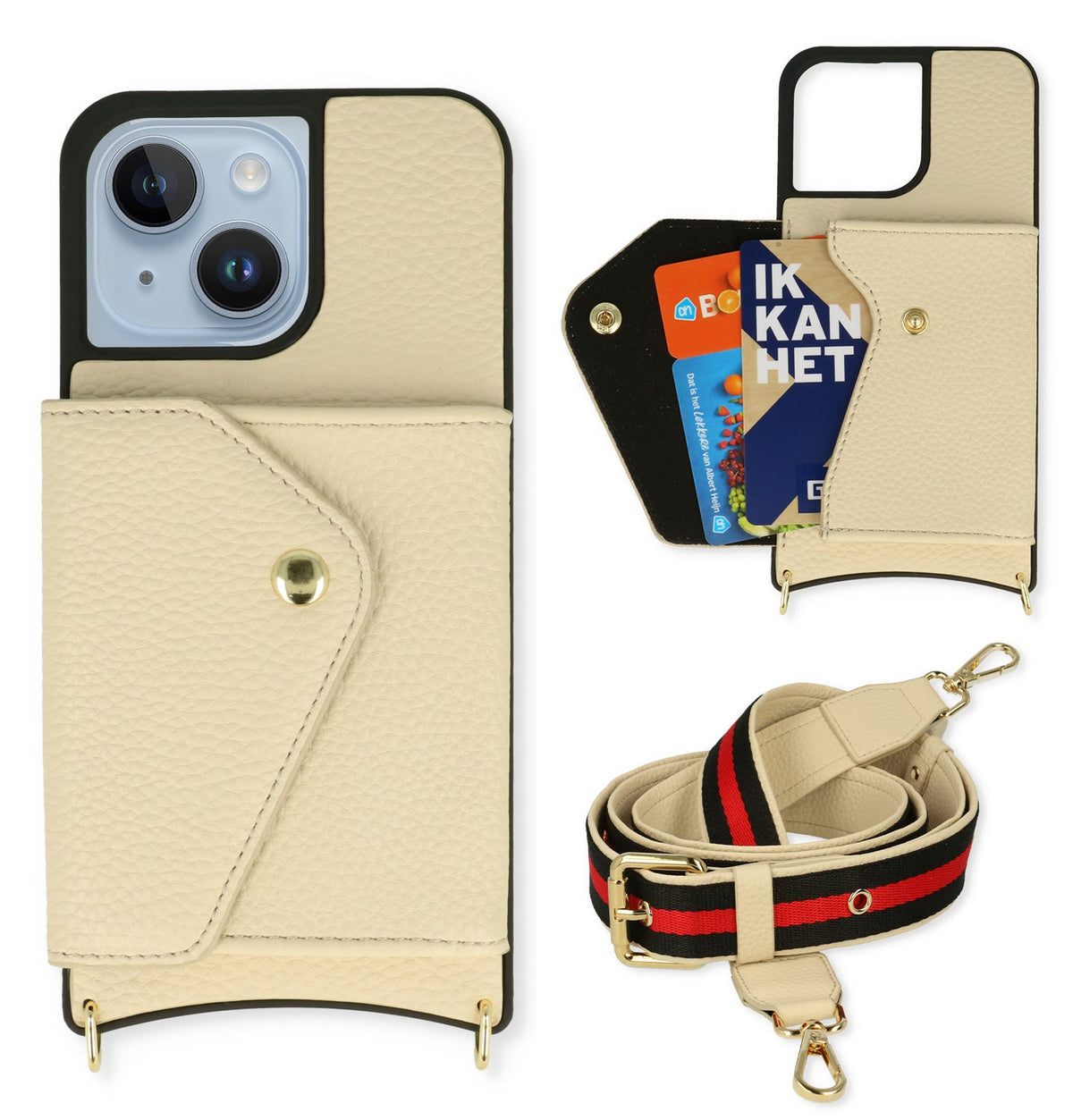 Apple iPhone 14 Hoesje - Beige - Luxe Back Cover met Telefoonkoord