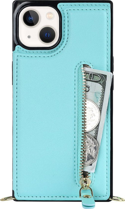 Apple iPhone 14 Case - Turquoise - Luxury Back Cover with Phone Strap and Zipper