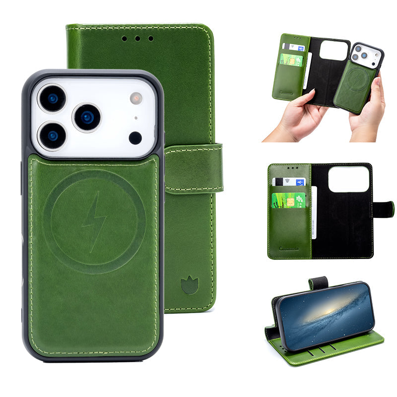 Apple iPhone 18 Pro Max Hoesje - Olive Green - Echt Leren 2 in 1 MagSafe Bookcase