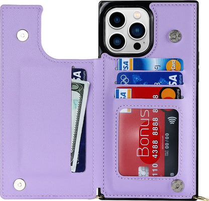 Apple iPhone 15 Pro Hülle - Lila - Luxuriöses Back Cover mit Umhängeband und Reißverschluss